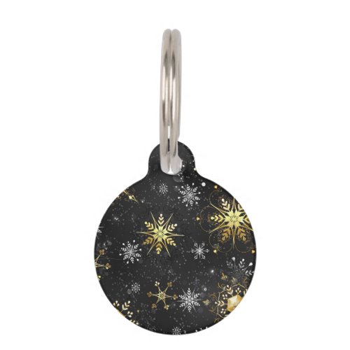 Xmas Golden Snowflakes on Black Background Pet ID Tag