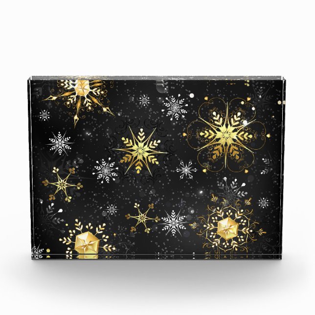 Xmas Golden Snowflakes on Black Background Photo Block (Front)