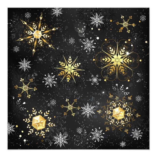 Xmas Golden Snowflakes on Black Background Photo Print (Front)