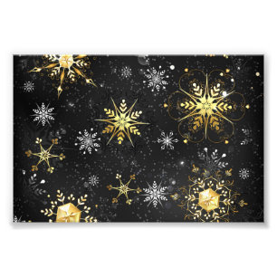 Xmas Golden Snowflakes on Black Background Photo Print