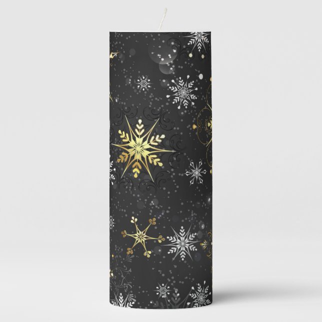 Xmas Golden Snowflakes on Black Background Pillar Candle (Front)
