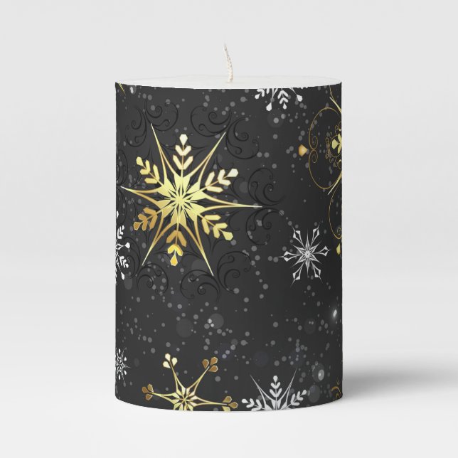 Xmas Golden Snowflakes on Black Background Pillar Candle (Front)