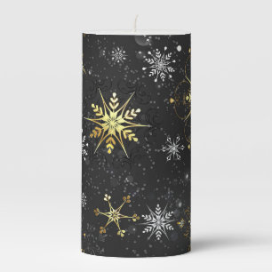 Xmas Golden Snowflakes on Black Background Pillar Candle