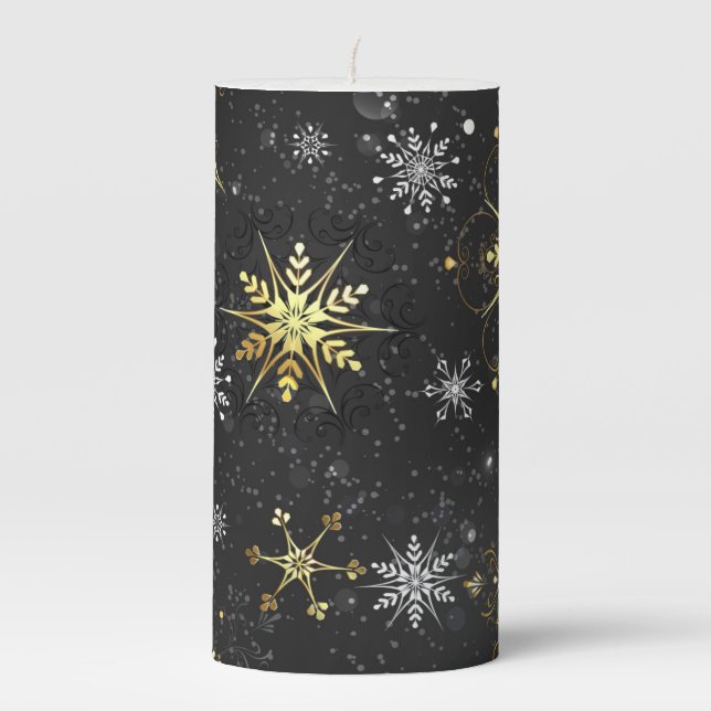 Xmas Golden Snowflakes on Black Background Pillar Candle (Front)