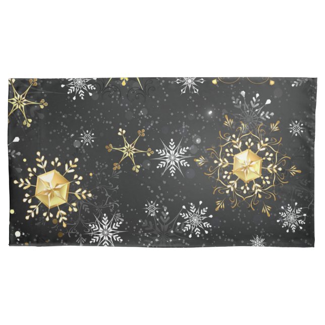 Xmas Golden Snowflakes on Black Background Pillow Case (Front-Left)