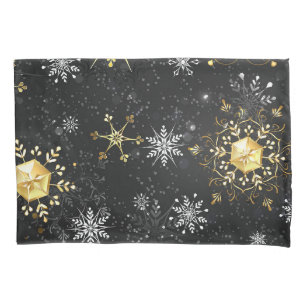 Xmas Golden Snowflakes on Black Background Pillow Case