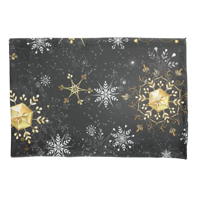Xmas Golden Snowflakes on Black Background Pillow Case (Front)