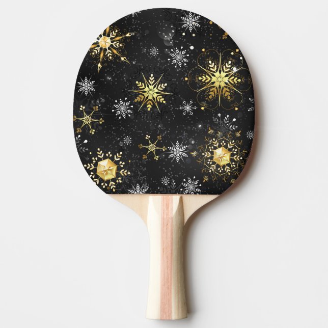 Xmas Golden Snowflakes on Black Background Ping Pong Paddle (Front)