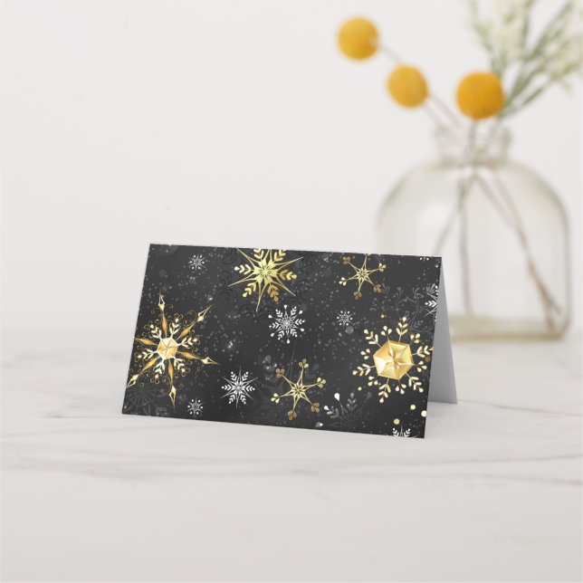 Xmas Golden Snowflakes on Black Background Place Card (Front)
