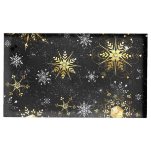 Xmas Golden Snowflakes on Black Background Place Card Holder
