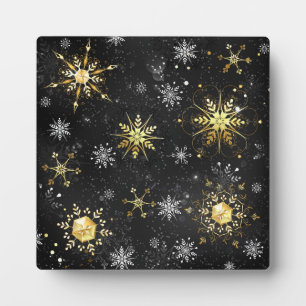 Xmas Golden Snowflakes on Black Background Plaque