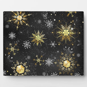 Xmas Golden Snowflakes on Black Background Plaque