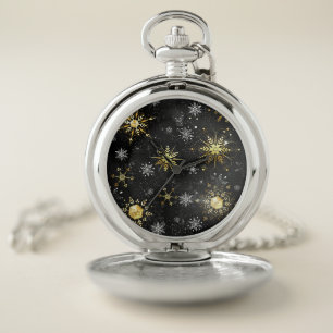 Xmas Golden Snowflakes on Black Background Pocket Watch