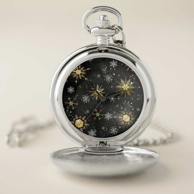 Xmas Golden Snowflakes on Black Background Pocket Watch (Inside)
