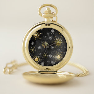 Xmas Golden Snowflakes on Black Background Pocket Watch