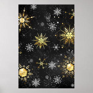 Xmas Golden Snowflakes on Black Background Poster
