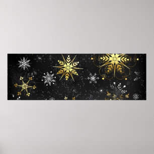 Xmas Golden Snowflakes on Black Background Poster