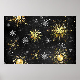 Xmas Golden Snowflakes on Black Background Poster