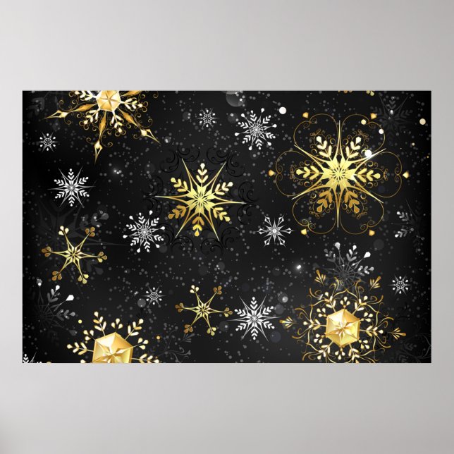 Xmas Golden Snowflakes on Black Background Poster (Front)