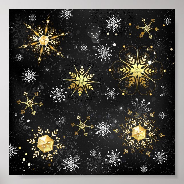 Xmas Golden Snowflakes on Black Background Poster (Front)