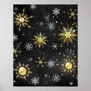 Xmas Golden Snowflakes on Black Background Poster