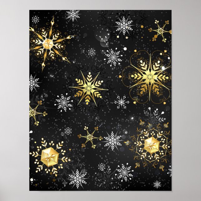 Xmas Golden Snowflakes on Black Background Poster (Front)