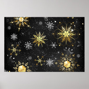 Xmas Golden Snowflakes on Black Background Poster