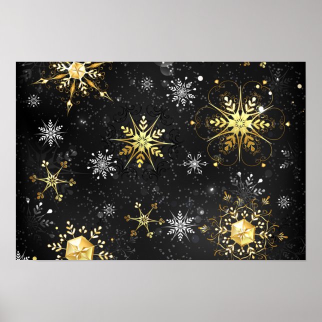 Xmas Golden Snowflakes on Black Background Poster (Front)