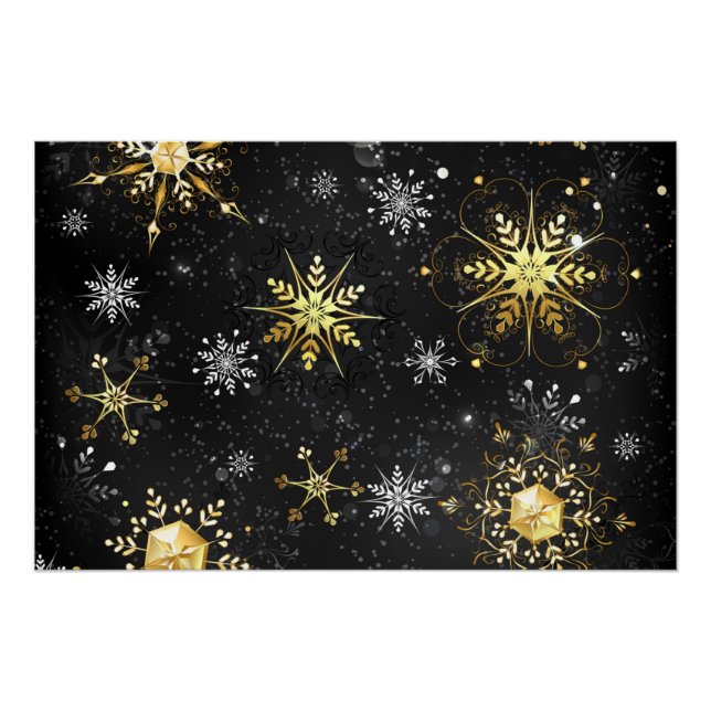 Xmas Golden Snowflakes on Black Background Poster (Front)
