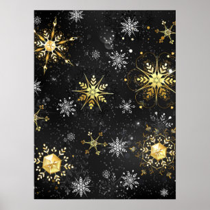 Xmas Golden Snowflakes on Black Background Poster