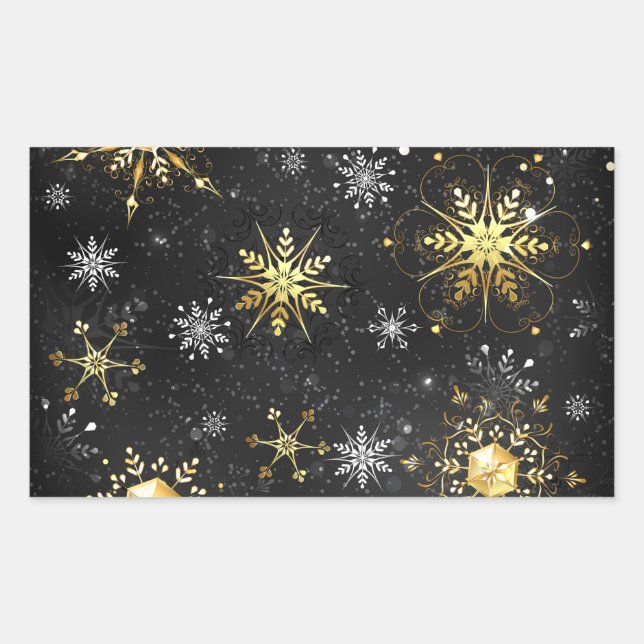 Xmas Golden Snowflakes on Black Background Rectangular Sticker (Front)