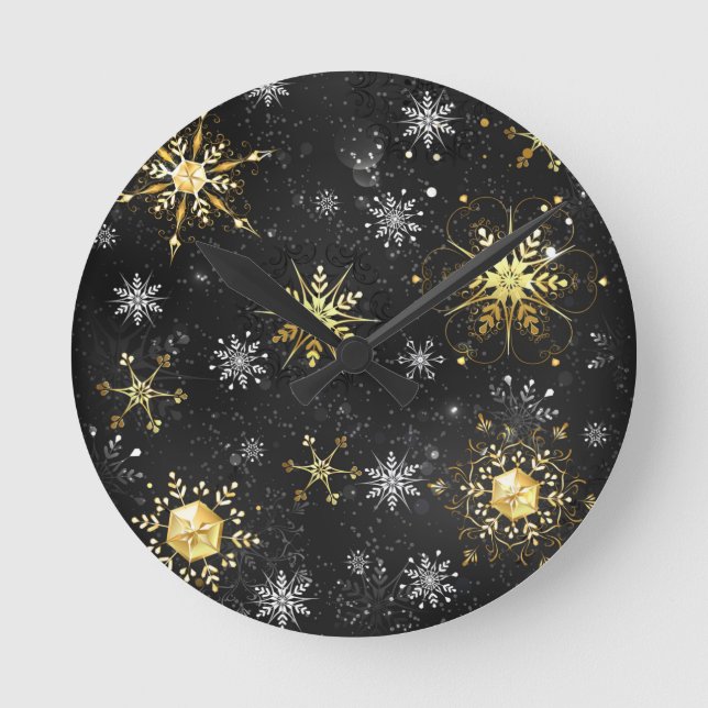 Xmas Golden Snowflakes on Black Background Round Clock (Front)