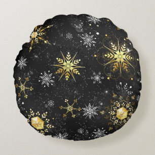 Xmas Golden Snowflakes on Black Background Round Pillow