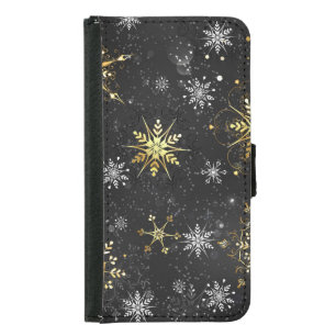 Xmas Golden Snowflakes on Black Background Samsung Galaxy S5 Wallet Case