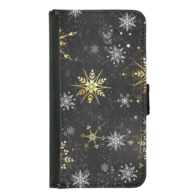 Xmas Golden Snowflakes on Black Background Samsung Galaxy Wallet Case (Front)