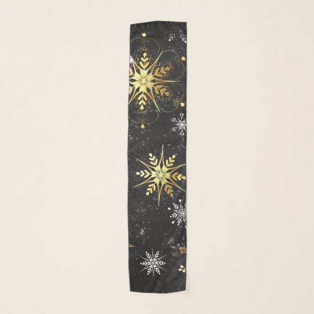 Xmas Golden Snowflakes on Black Background Scarf (Front)