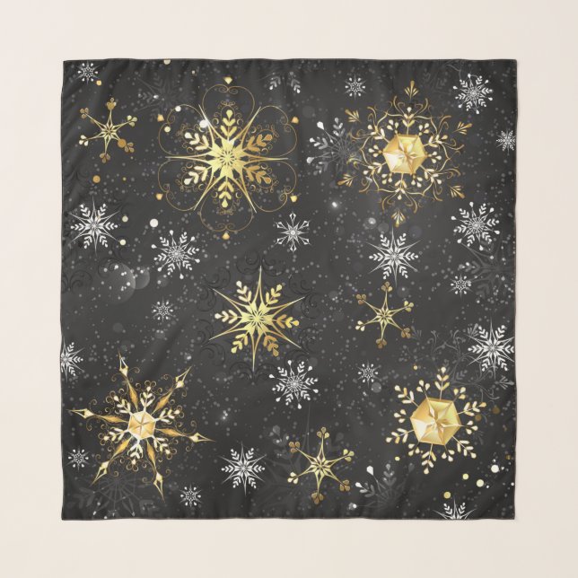 Xmas Golden Snowflakes on Black Background Scarf (Front)