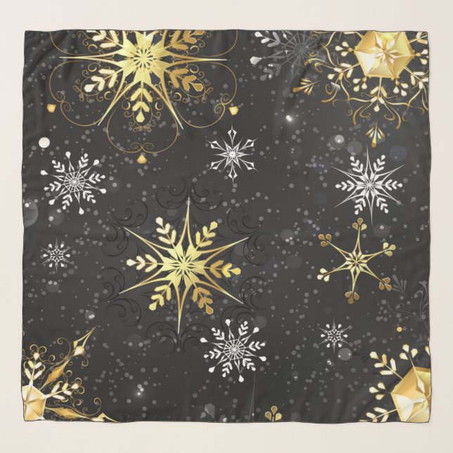 Xmas Golden Snowflakes on Black Background Scarf (Front)