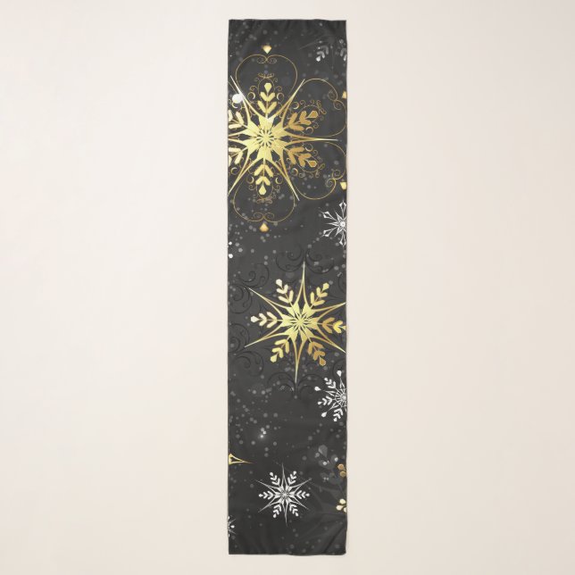 Xmas Golden Snowflakes on Black Background Scarf (Front)