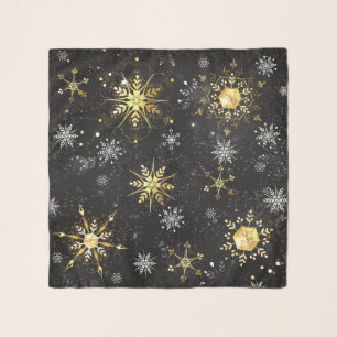 Xmas Golden Snowflakes on Black Background Scarf