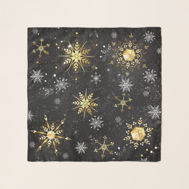 Xmas Golden Snowflakes on Black Background Scarf (Front)