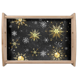 Xmas Golden Snowflakes on Black Background Serving Tray