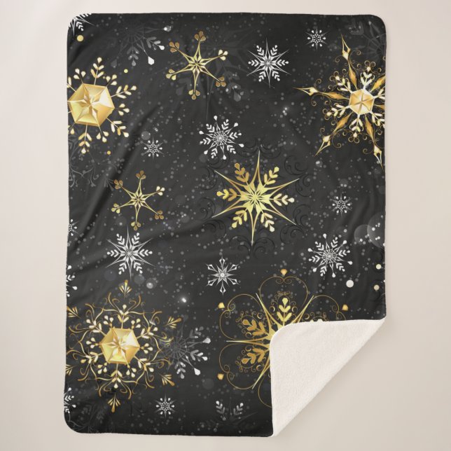 Xmas Golden Snowflakes on Black Background Sherpa Blanket (Front)