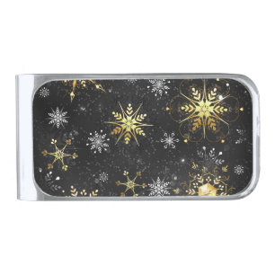 Xmas Golden Snowflakes on Black Background Silver Finish Money Clip