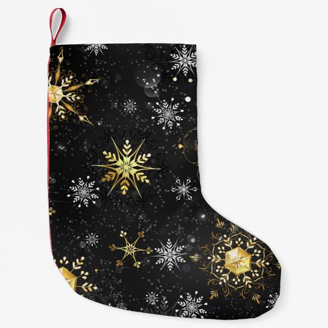 Xmas Golden Snowflakes on Black Background Small Christmas Stocking (Front)