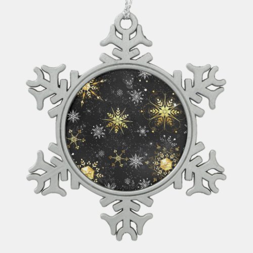 Xmas Golden Snowflakes on Black Background Snowflake Pewter Christmas Ornament