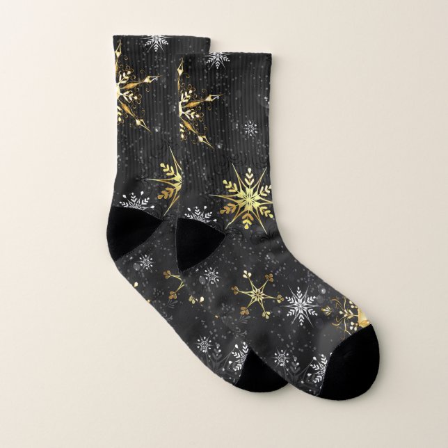 Xmas Golden Snowflakes on Black Background Socks (Pair)