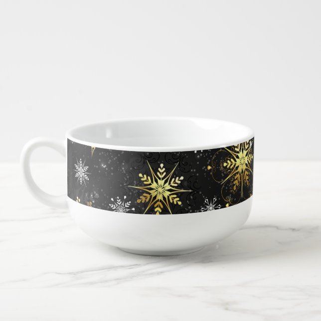 Xmas Golden Snowflakes on Black Background Soup Mug (Right)