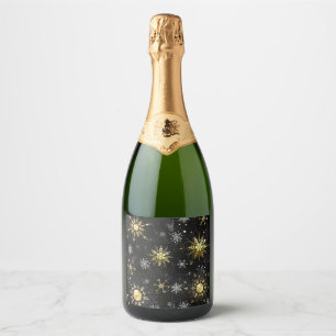 Xmas Golden Snowflakes on Black Background Sparkling Wine Label