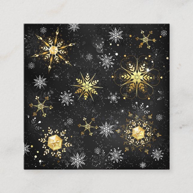 Xmas Golden Snowflakes on Black Background Square Business Card (Front)
